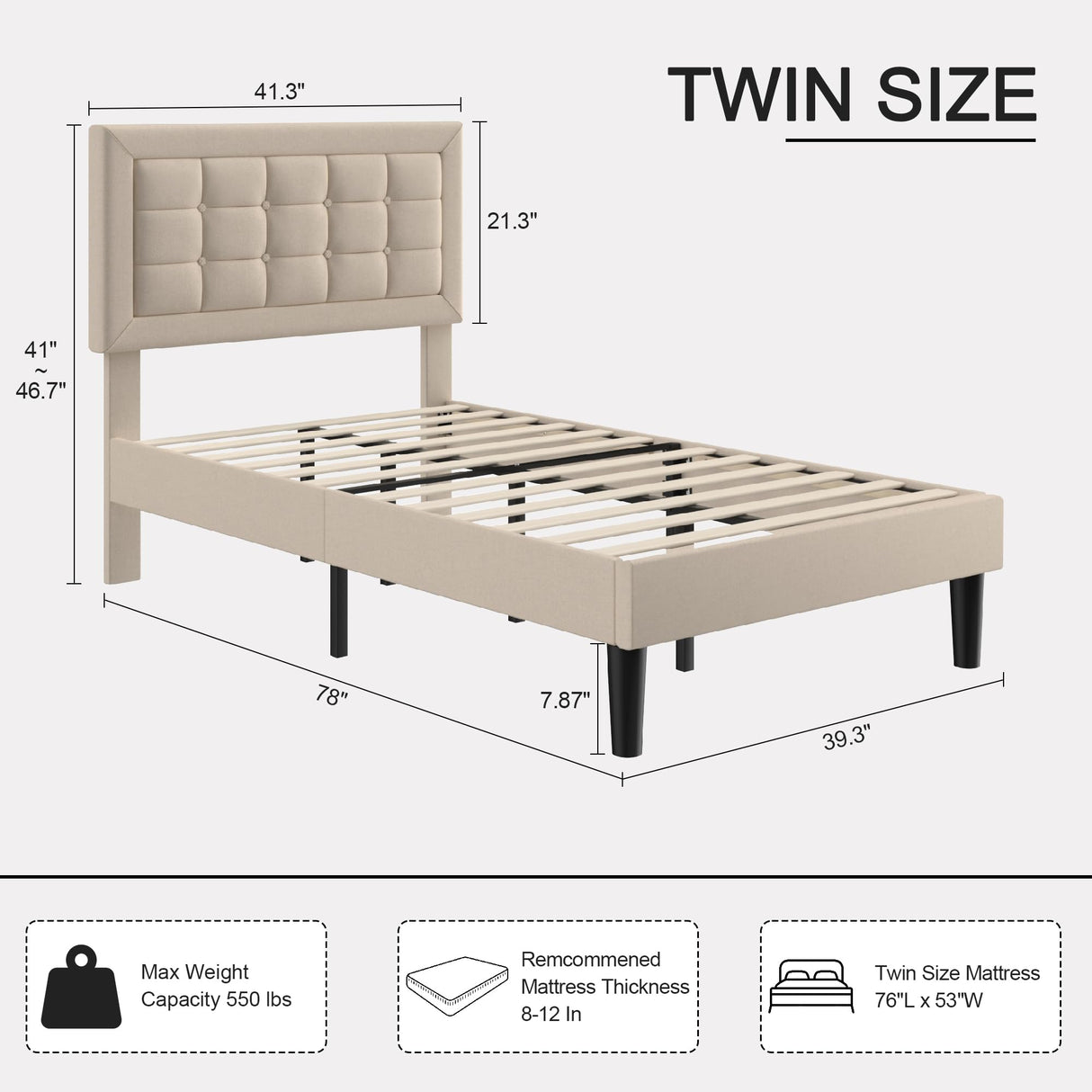 VECELO Twin Size Bed Frame with Adjustable Headboard, Upholstered Button Tufted Platform Bedframe with Wood Slats Support, No Box Spring Needed, Beige VECELO