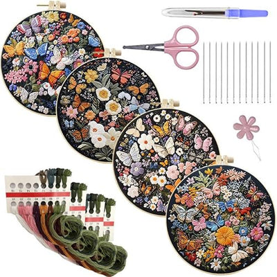 LB 4 Pack Colorful Floral Embroidery Kit for Beginners Nature Butterfly Beginner Embroidery Kit for Adults DIY Starter Kit with Embroidery Hoop Colorful Threads Tools Step by Step Instructions