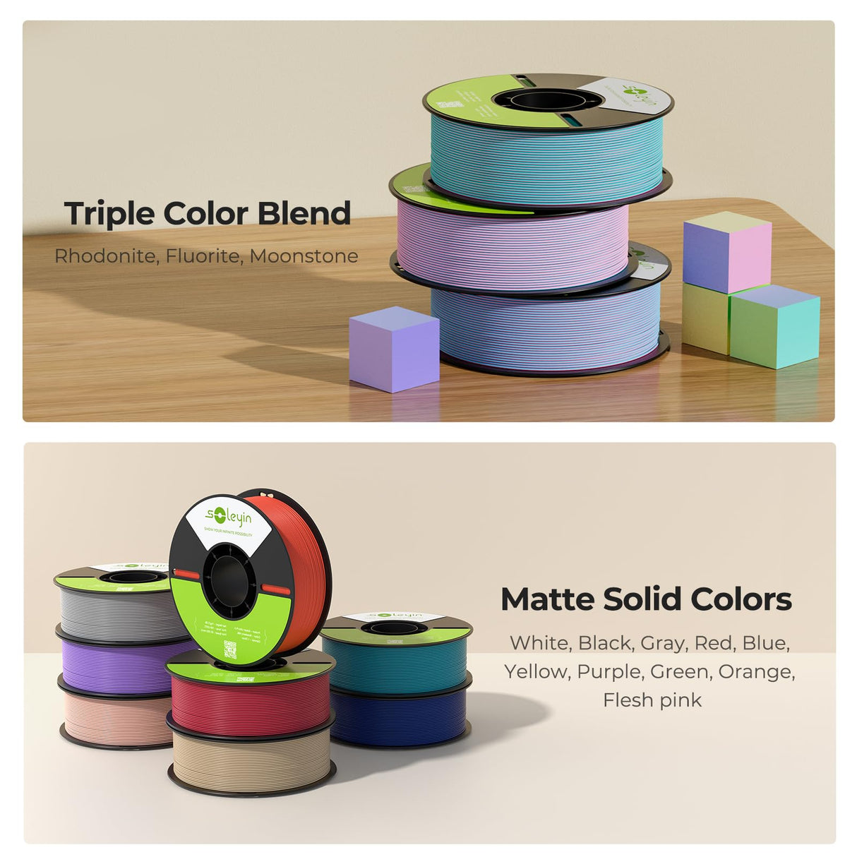 SOLEYIN Matte PLA Filament 1.75mm, 3D Printer Filament 30-300mm/s Printing Speed, Dimensional Accuracy +/- 0.02mm, 1kg Cardboard Spool(2.2lbs) Filament Fits for Most FDM 3D Printers(Moonstone) SOLEYIN