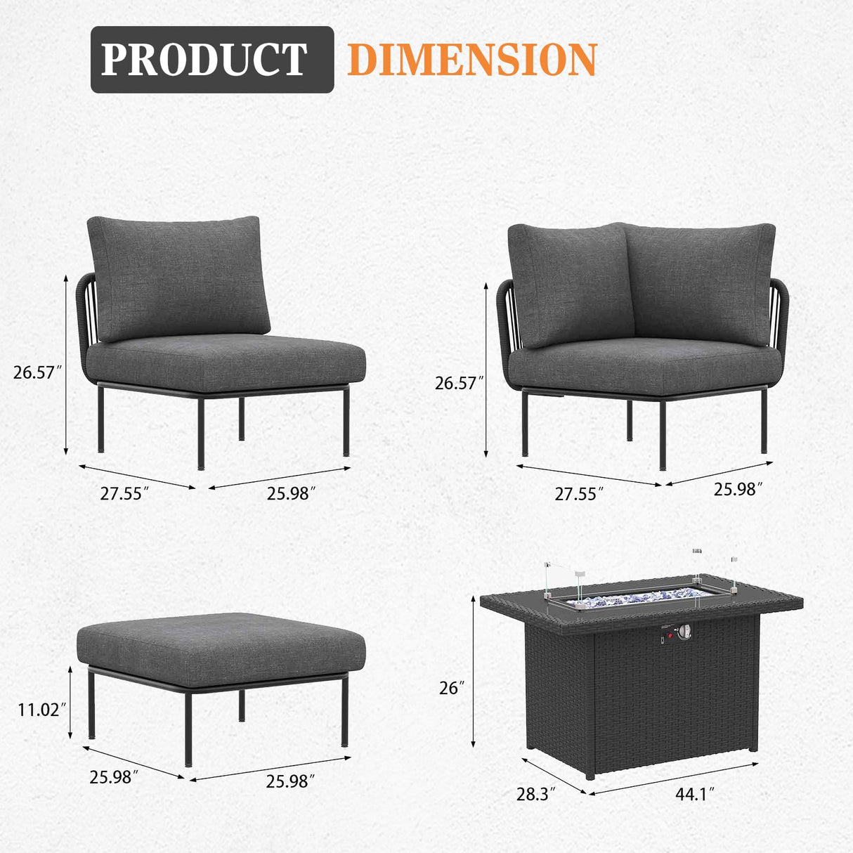 Vakollia 11 Piece Modern Outdoor Rope Wicker Sectional Patio L-Shaped Conversation Sofa Set Deep Seating with Fire Pit Table Vakollia