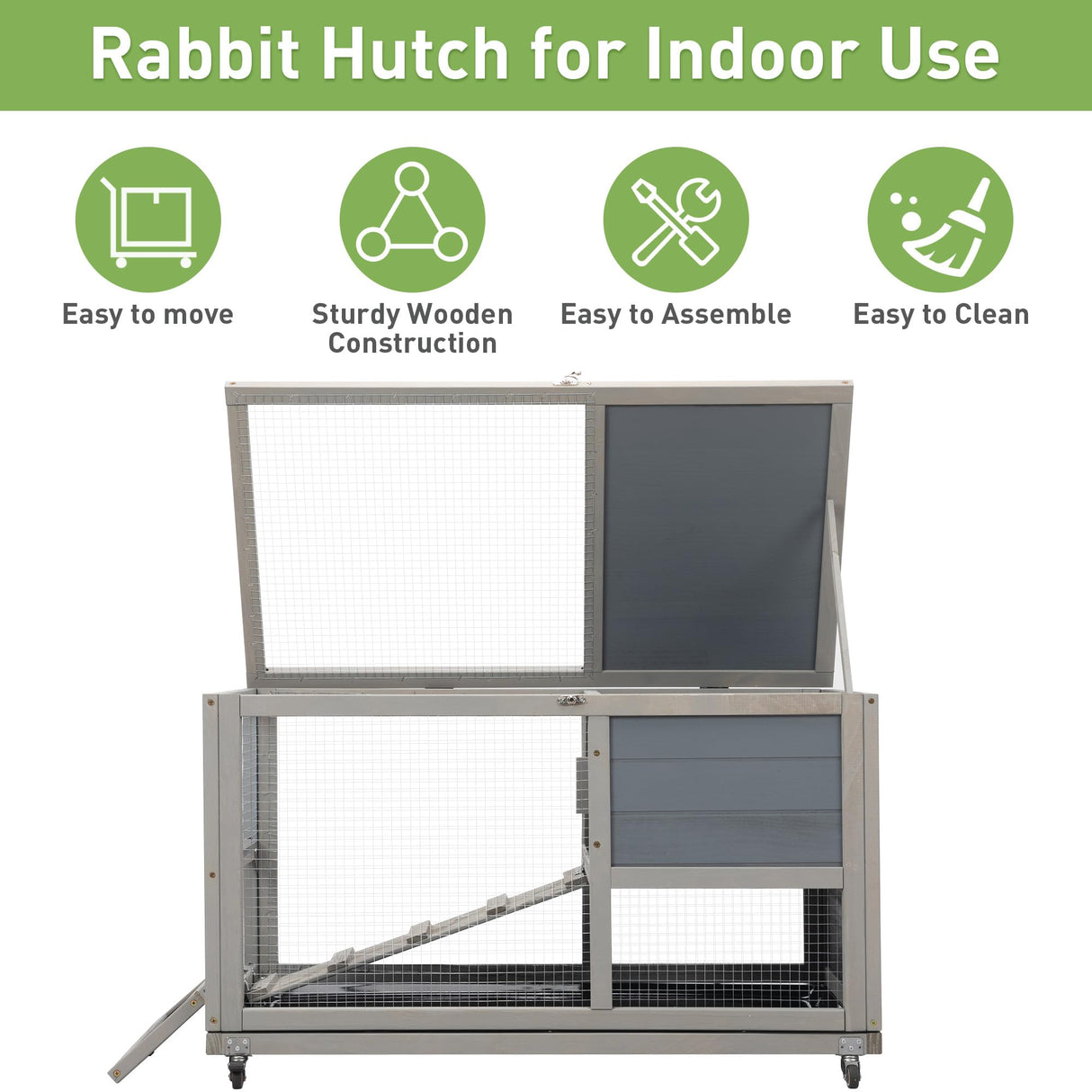 COZIWOW Fashion Wooden 36Inches Rabbit Hutch Outdoor with Wheels Bunny Cage Indoor Durable Rabbit Cage with Removable Tray, Openable Roof, Anti-Slip Ramp for Small Bunny Rabbit (Grey) COZIWOW