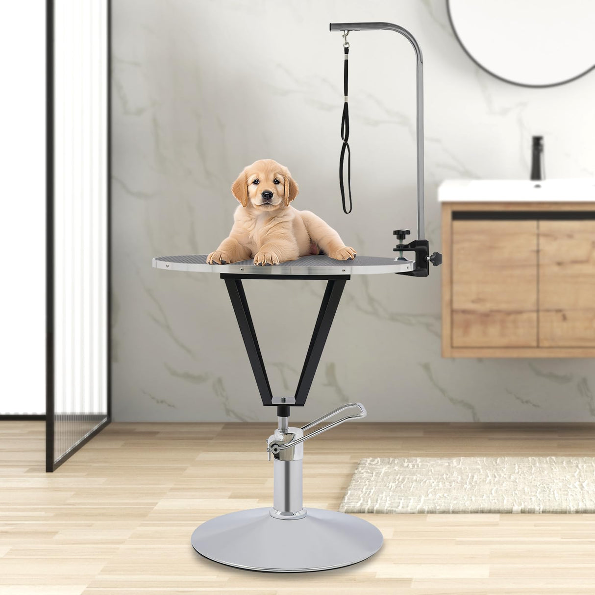 LUNUMAOS Hydraulic Pet Grooming Table with Adjustable Arms, 360 Degree Table Top Swivel Maximum Load 220 lbs Professional Pet Grooming Table, 34in Hydraulic (Black,Round) LUNUMAOS