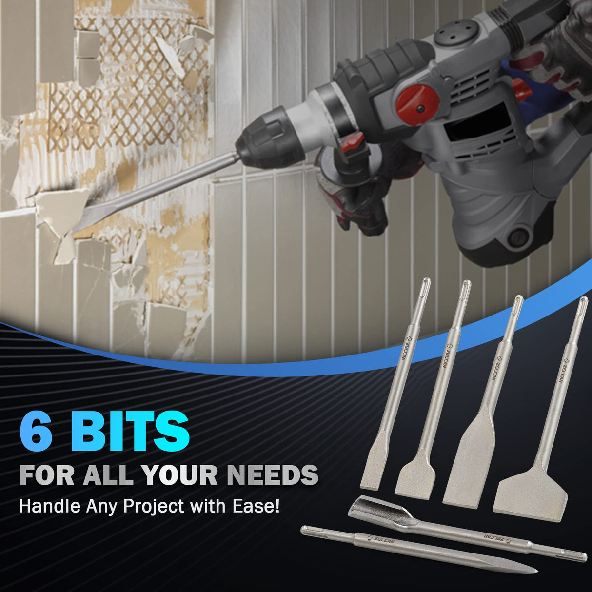 ZELCAN Chisel Set with SDS Plus Shanks, 6pc Masonry Concrete Drill Bit Set, Tile Grooving Scraping Flat Point Scaling Chisels 40Cr Steel Rotary Hammer Drill Tool Kit SDS Plus Bits for Home Improvement ZELCAN