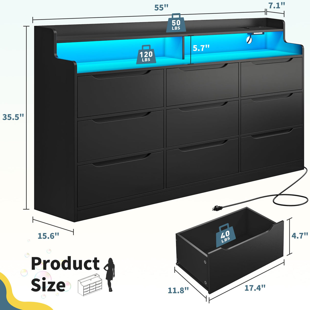 DurayLoly Modern Dresser for Bedroom with LED Light, 9 Drawer Black Dresser with Charging, Wooden Chest of Drawers, Large TV Stand for Bedroom DurayLoly