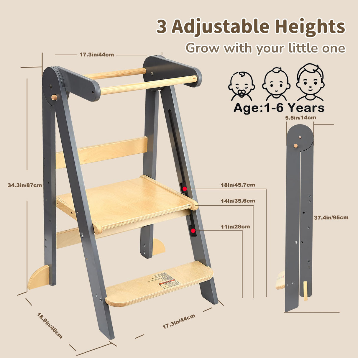TDKDHoming Foldable Toddler Tower Preassembled Kitchen Stool, Folding Tower for Learning with 3 Adjustable Heights Montessori Toddler Standing Tower Collapsible Step Stool for Kids 1-6y Natural TDKDHoming