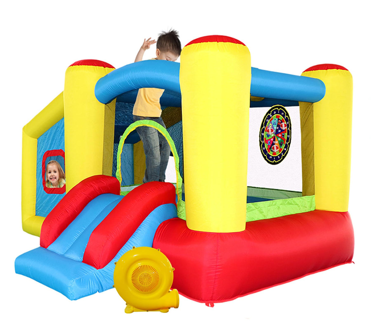 WELLFUNTIME Inflatable Bounce House with Blower, Jumping Castle Slide, Kids Bouncer with Ball Pit, Basketball Rim, Dart Target Game WELLFUNTIME