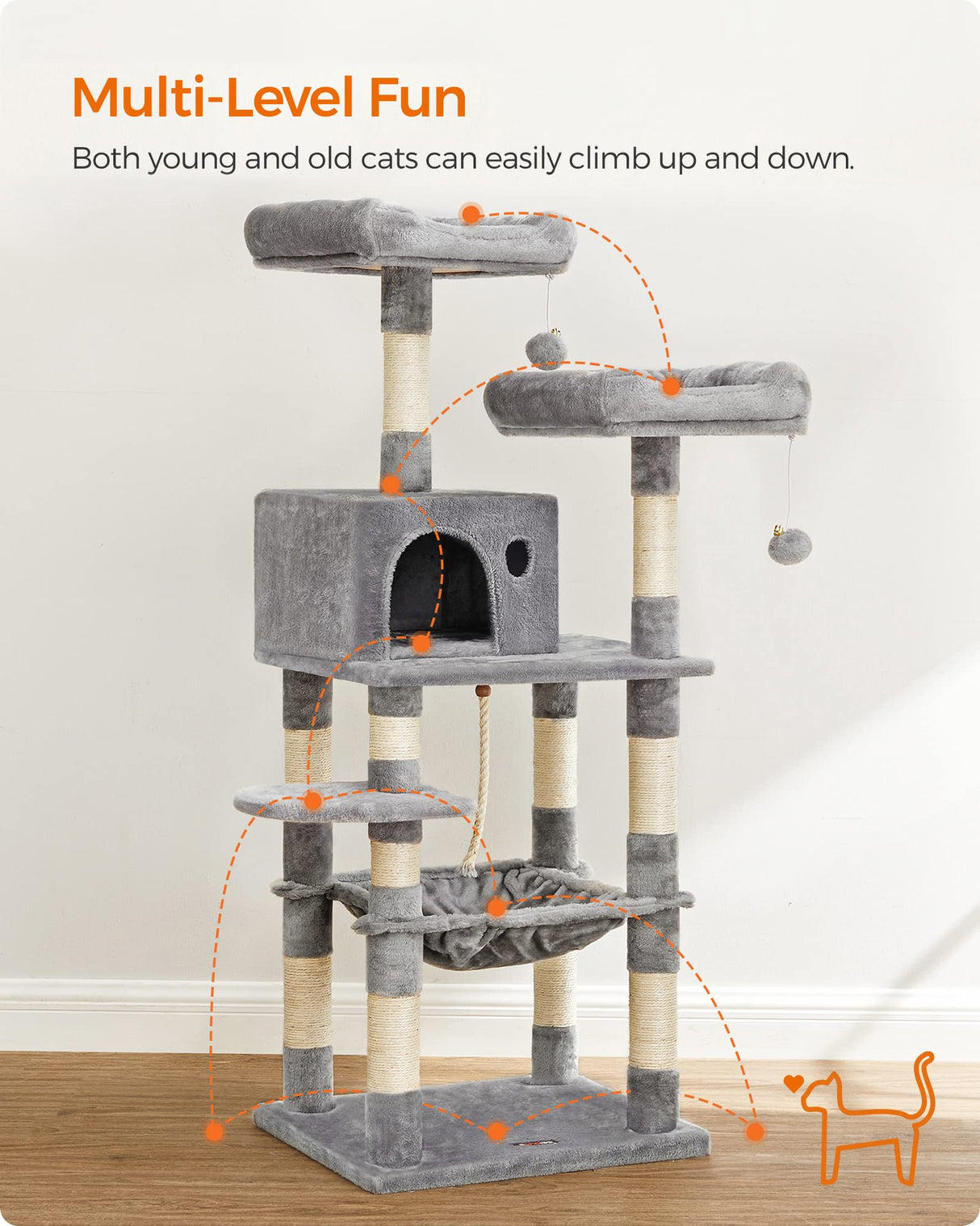 FEANDREA Cat Tree, Cat Tower for Indoor Cats, 56.3-Inch Cat Condo with Scratching Posts, Hammock, Plush Perch, Light Gray UPCT15W Feandrea