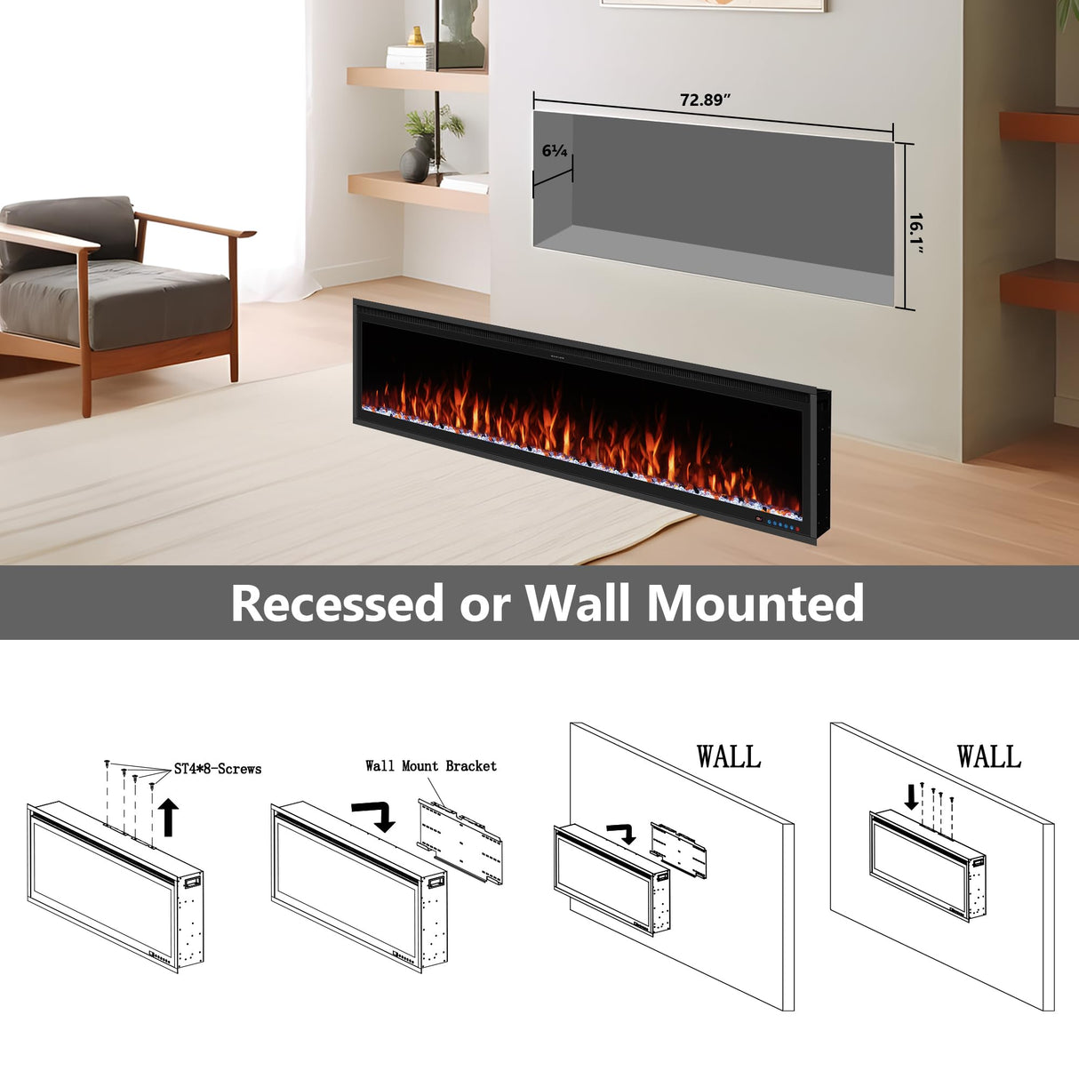 Benrocks 74'' Slim Electric Fireplace Inserts - WiFi-Enabled, Alexa & App Control, Recessed & Wall Mounted, 13 * 13 * 3 Flame Color Combinations, 750W/1500W, Black Benrocks