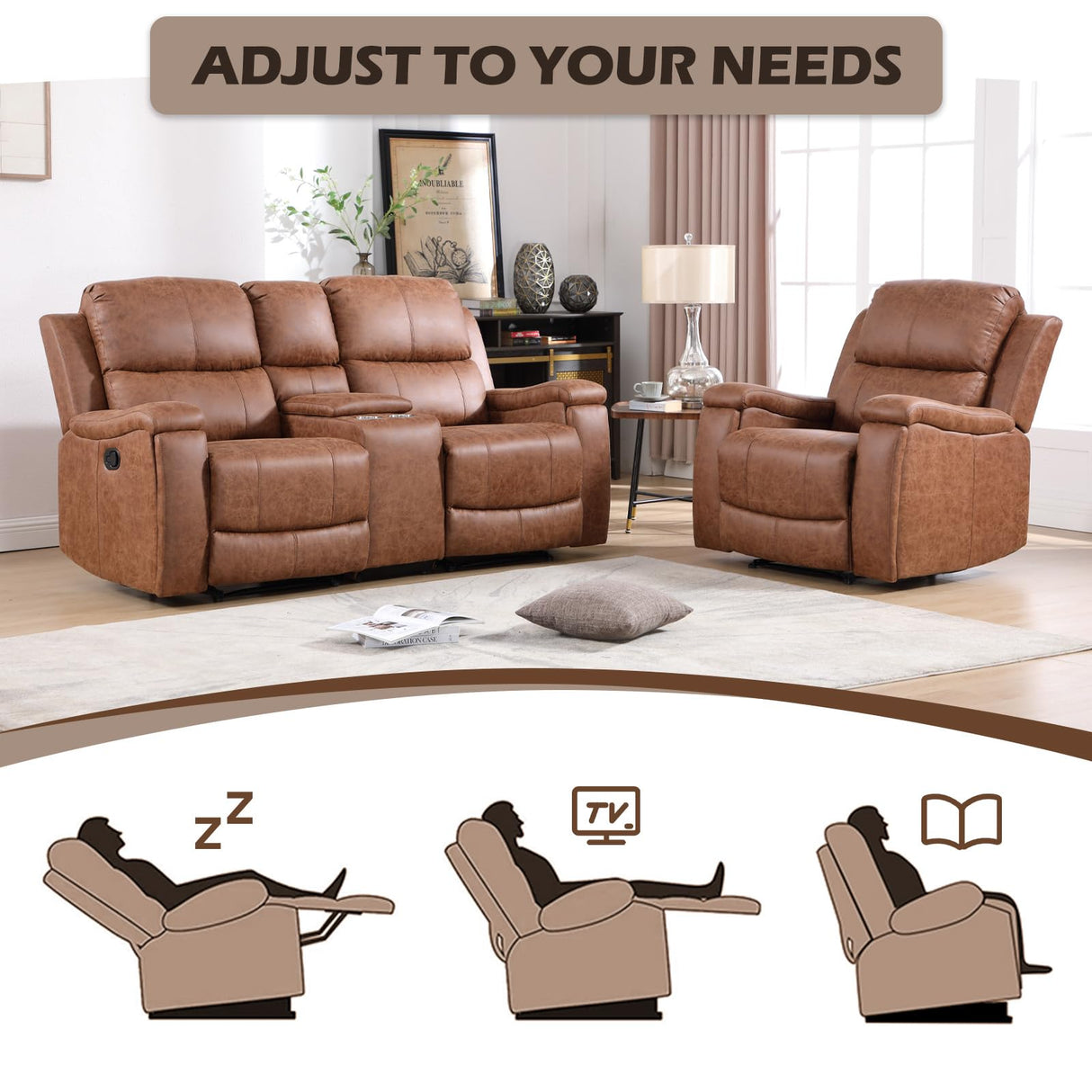 CANMOV Manual Reclining Loveseat with Console,Faux Leather Double Recliner Loveseat Sofa with Hidden Storage and Cup Holders,Manual Recliner Loveseat Couch Set for Living Room,Brown CANMOV