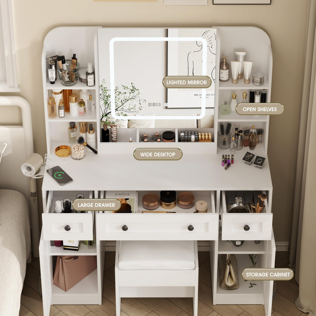 Vabches Makeup Vanity Desk, Vanity Mirror with Lights Desk and Chair, White Vanity Table with Large Storage Drawers and Shelves, Time and Temperature Display, 3 LED Lighting Modes Adjustable, White Vabches