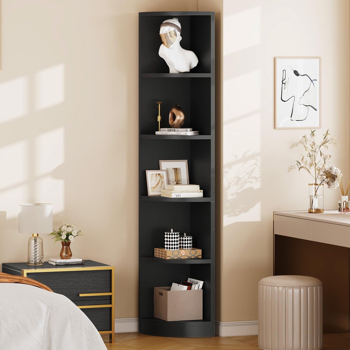 YITAHOME 5-Tier Black Corner Bookshelf - Modern Free Standing Display Bookcase YITAHOME