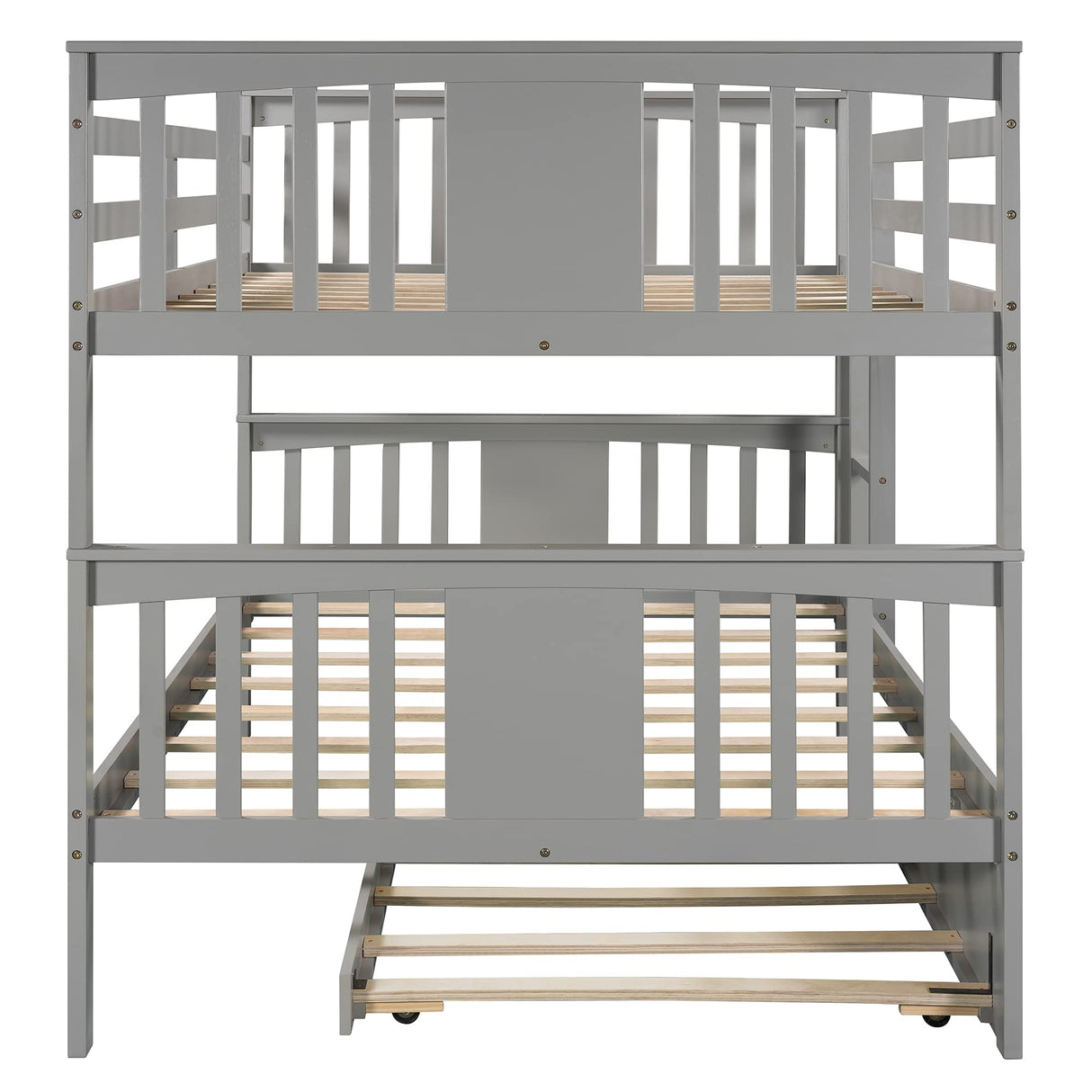 Ball & Cast Full Over Full Bunk Bed with Twin Size Trundle and Ladder,Wood Bunkbed w/Slat Support & Full-Length Guard Rail,Space Saving,Bedframe Furniture for Student Dorms,Studio,Gray Ball & Cast