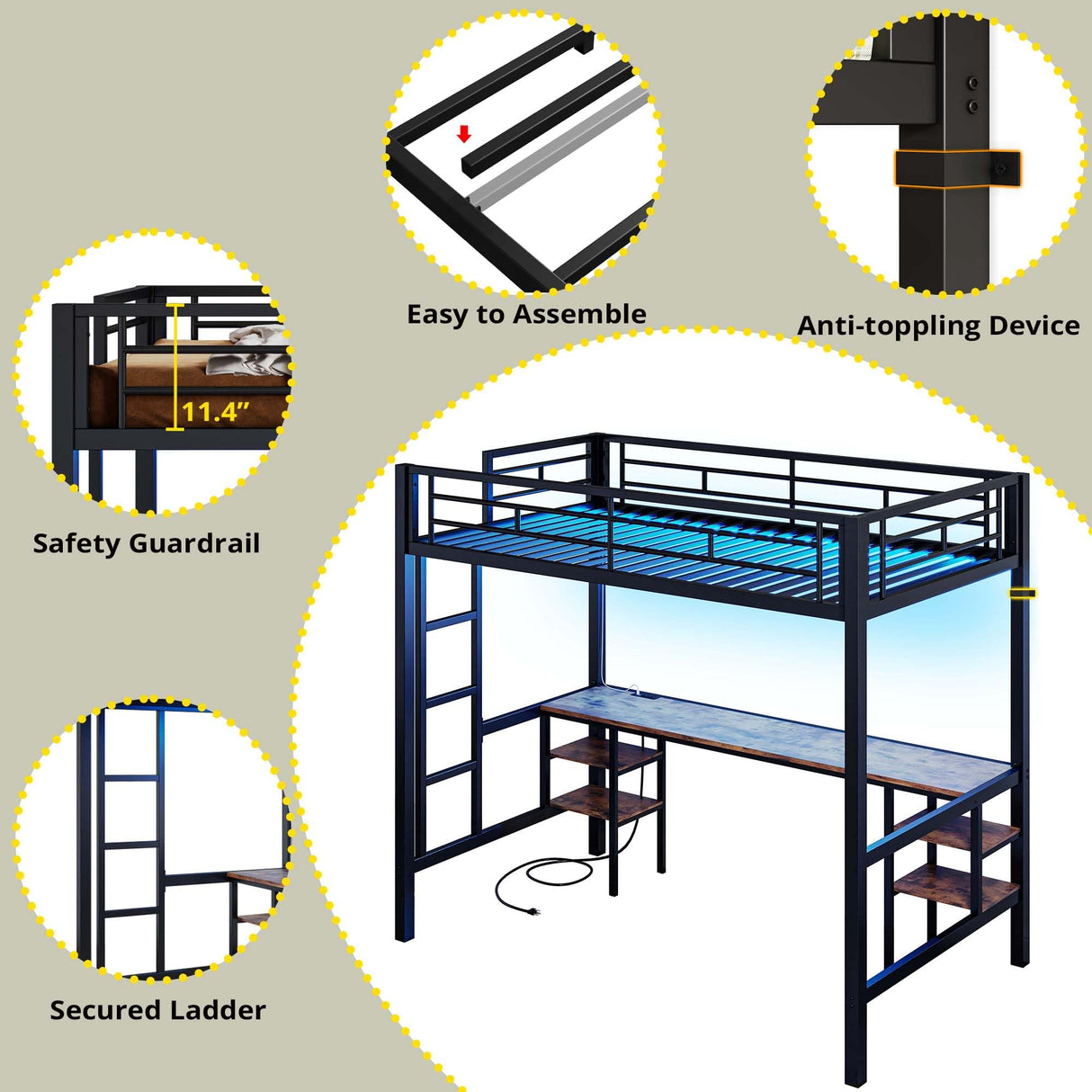 ANCTOR Loft Bed Twin Size with Desk and 4 Storage Shelves, Metal Loft Bed Frame with Power Outlet and LED Lighted, Safety Guard & Ladder, Space-Saving, Noise Free, Black ANCTOR