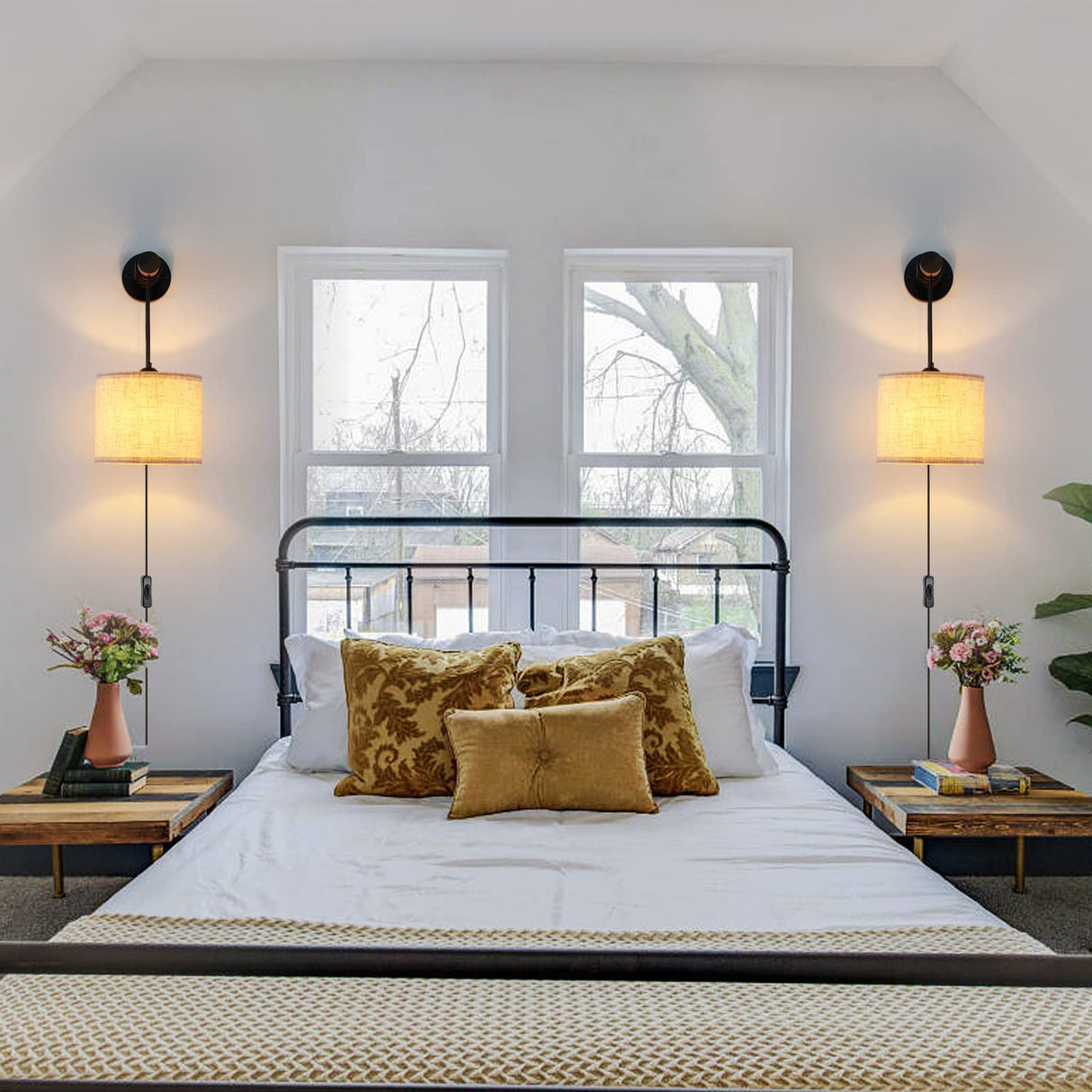 XSDeTu Wall Sconces Set of Two, Plug in Sconces Wall Lighting with Fabric Shade, Farmhouse Wall Lamps with Plug in Cord, Rustic Wall Lights with Wood Arm and On/Off Switch for Bedroom, Living Room XSDeTu