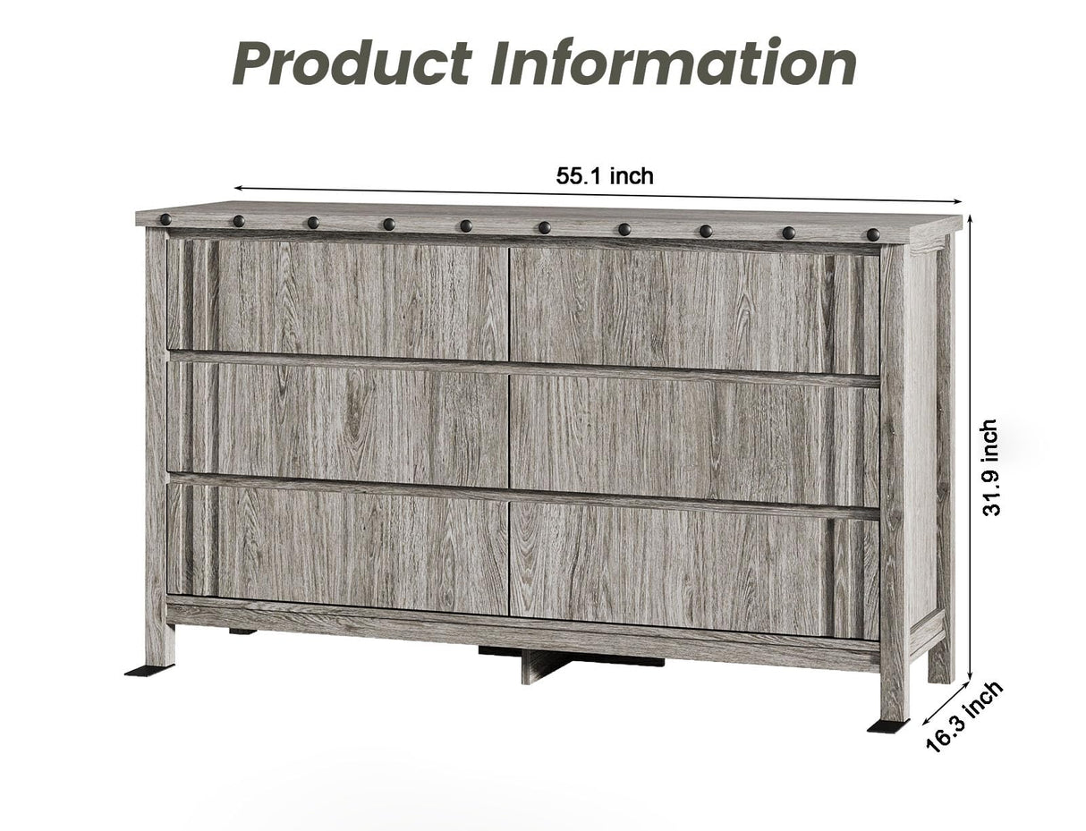 Maupvit Farmhouse 6 Drawers Dresser for Bedroom,55" Fluted Chest of Drawers with Storage Freestanding,Wooden Dresser TV Stand,Closet Clothes Storage Drawer Organizer for Living Room,Entryway,Hallway Maupvit