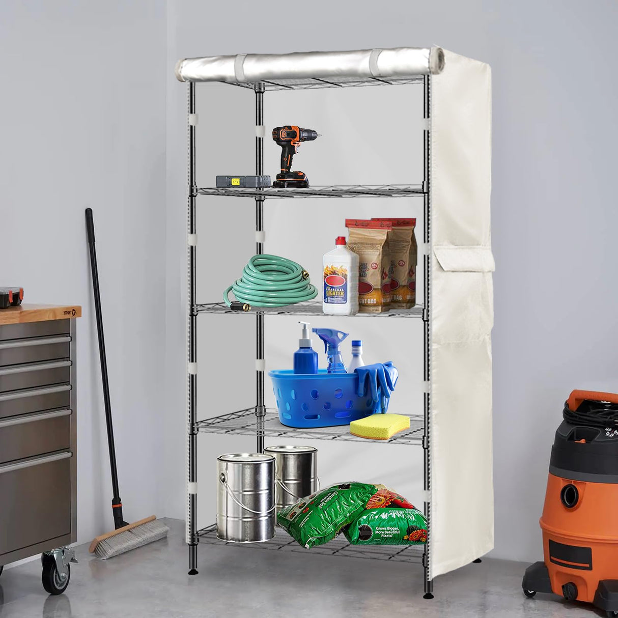 SoloToo Heavy-Duty Waterproof Wire Shelf Cover, Garage Storage Shelving Protector, Universal Fit 30 x 14 x 62 Inch Rack Covers with 1" Tolerance (White) SoloToo