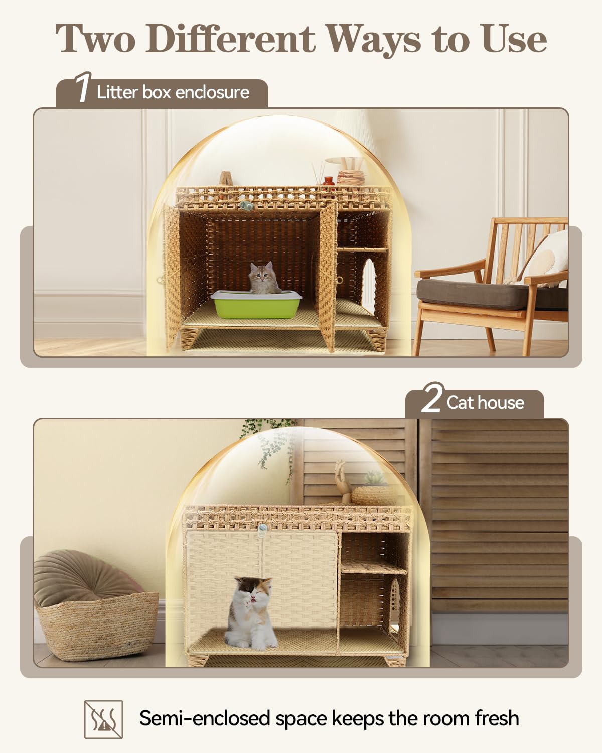 Forotone Cat Litter Box Enclosure, Hidden Cat Washroom Furniture with Litter Mat, Rattan Indoor Large Pet House with Door, for Living Room, Bedroom, Balcony Forotone