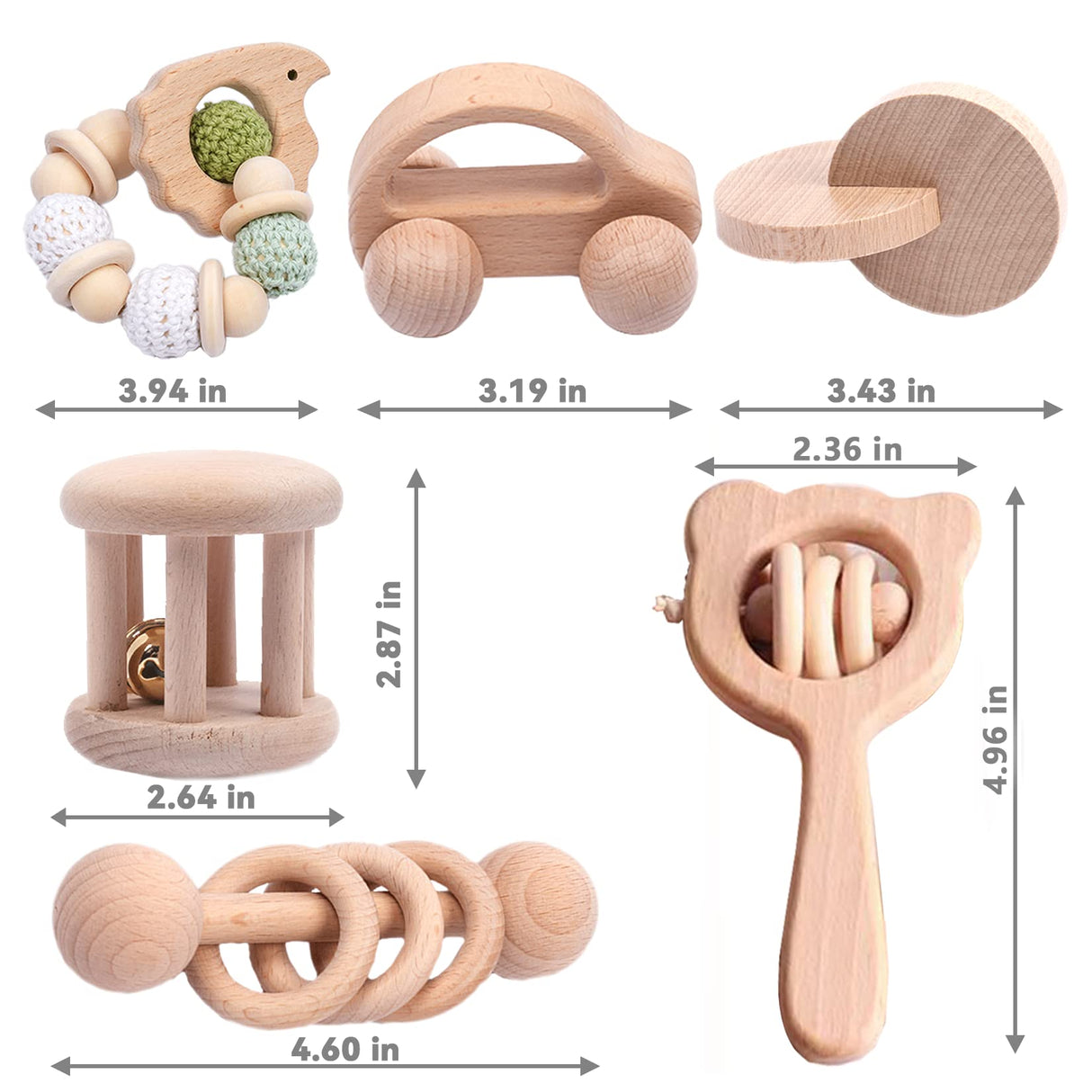 6 Pieces Toy Set- Wooden Baby Toys for Babies 0-6 Months,Wooden Toys for Babies Rattles with Bells,Wooden Rattles Push Car,Wood Teething Toys Gifts for Boys Girls,Montessori Toys for Babies 0-6 Months YunHe XinQiao Toys Factory