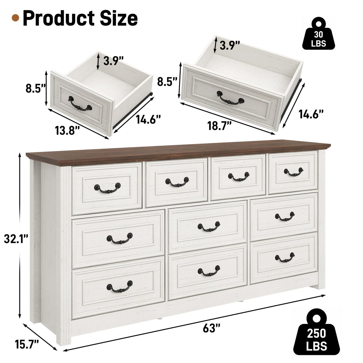 Farmhouse 10 Drawer Dresser for Bedroom,63in Large Rustic Wood Chest of Drawers with Metal Handle,TV Stands W/Storage,Long Closet Clothes Storage Organizer for Living Room Hallway Entryway(White) Hlivelood