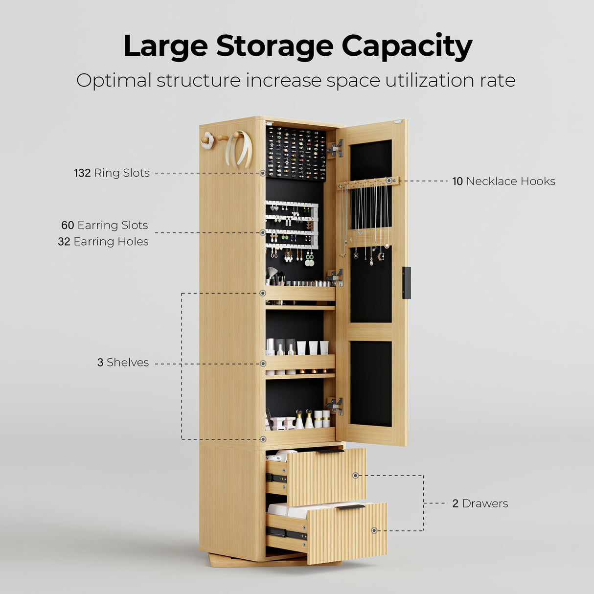 IRONCK 360° Swivel Jewelry Cabinet, Jewelry Armoire with Full Length Mirror, Coat Rack and 4-Tier Shelf, Standing Jewelry Organizers with 2 Drawers, Oak IRONCK
