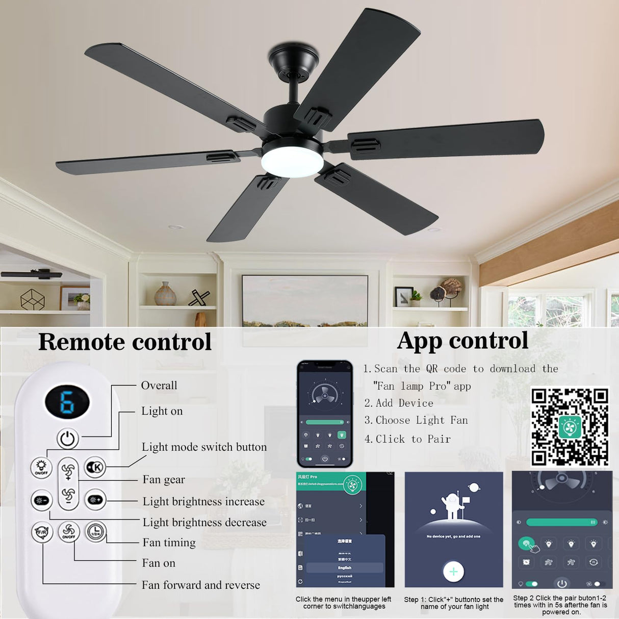 FUMLTP 56inch Black Ceiling Fans with Lights and Remote/App Control, Dimmable LED, Reversible DC Motor, Noiseless, 6 Double-Side blades, 6 Speeds Low Profile Ceiling Fan for Indoor/Outdoor Use FUMLTP