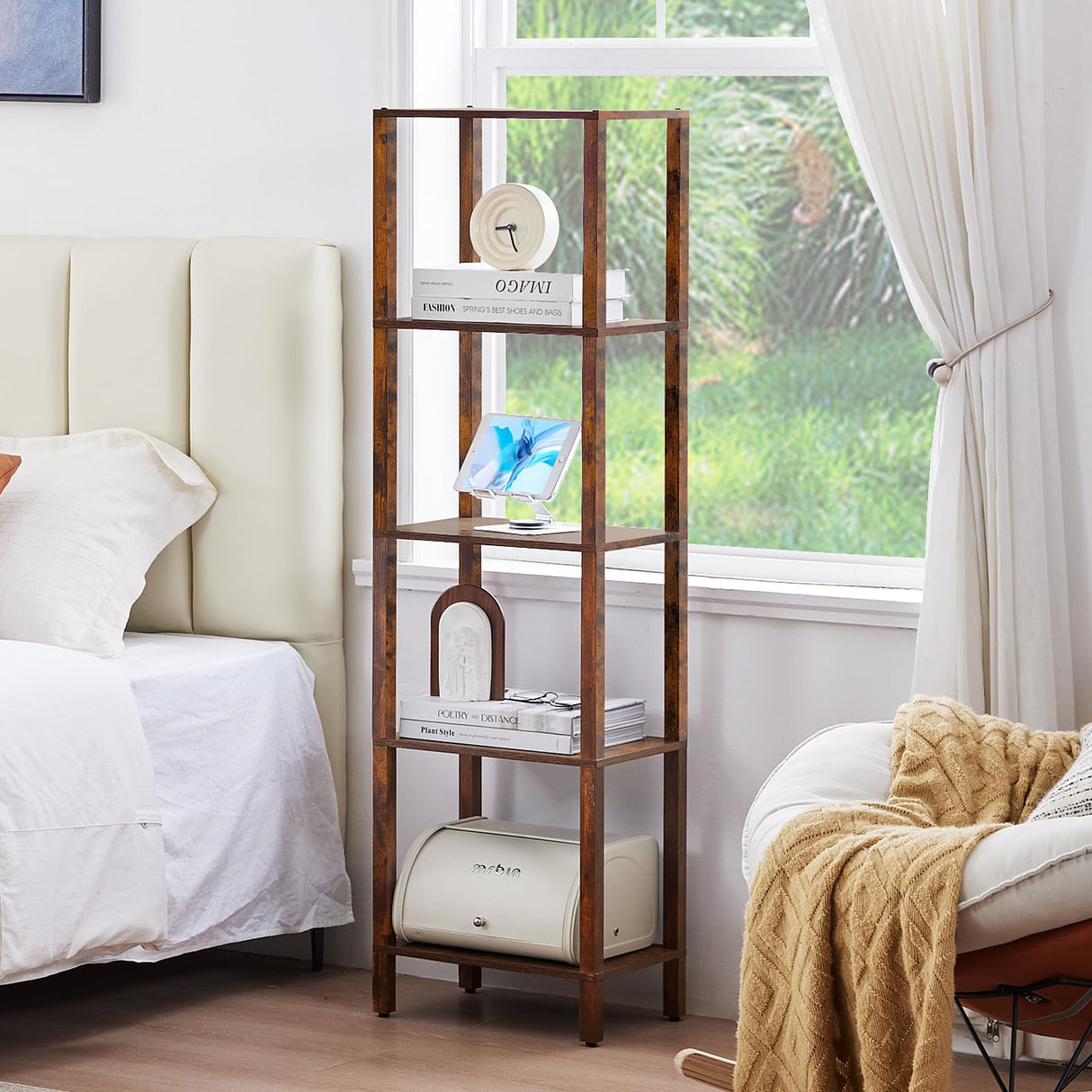 YUFAM 54in Tall Bookshelf 5-Tier Small Narrow Bookcase, Skinny Book Shelf for Small Space, Farmhouse Slim Shelf with Storage, Wood Freestanding Display Thin Bookshelves for Living Room, Office, Brown YUFAM