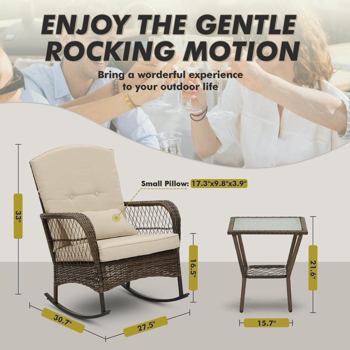 3 Piece Rocking Bistro Set Wicker Outdoor Patio Chairs Rattan Conversation Sets with Coffee Table for Patio, Porch, Backyard, Balcony, Poolside and Garden (Beige) Generic