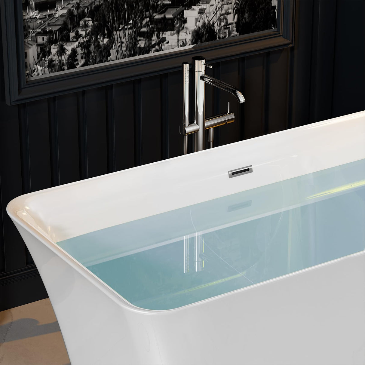 Empava 59 Inch Freestanding Bathtub - Mordern Stand Alone Soaking Tubs with Integrated Drain & Overflow System, White Empava