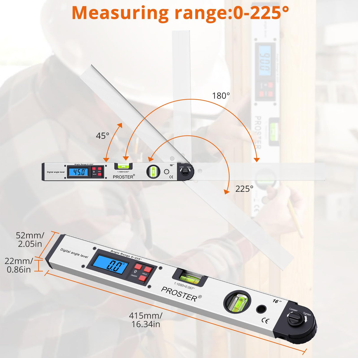 Proster 0-225° Digital Angle Finder Protractor - Aluminum Angle Gauges 225° 16 inch Backlit LCD Protractor with Horizontal and Vertical for Carpenter Woodworking Home Decoration Proster