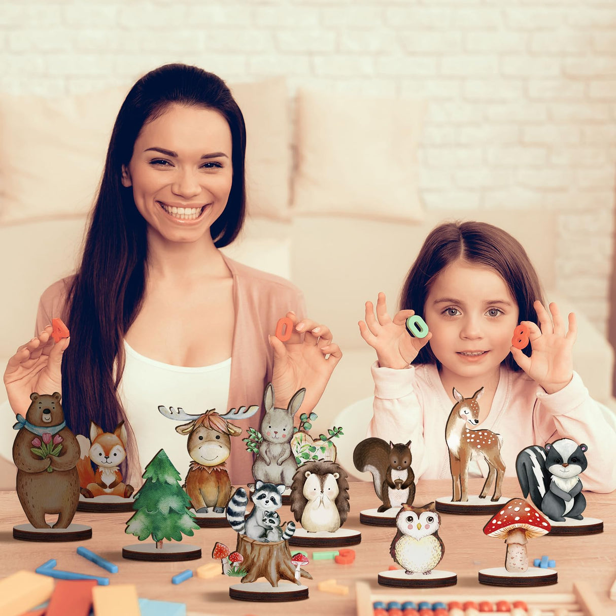 Geetery 12 Pcs Woodland Animals Wooden Animal Cutout Shapes Forest Painted Woodland Baby Shower Decorations Wild Creatures Wood Table Centerpieces for Forest Camp Party Supplies (Cute) Geetery