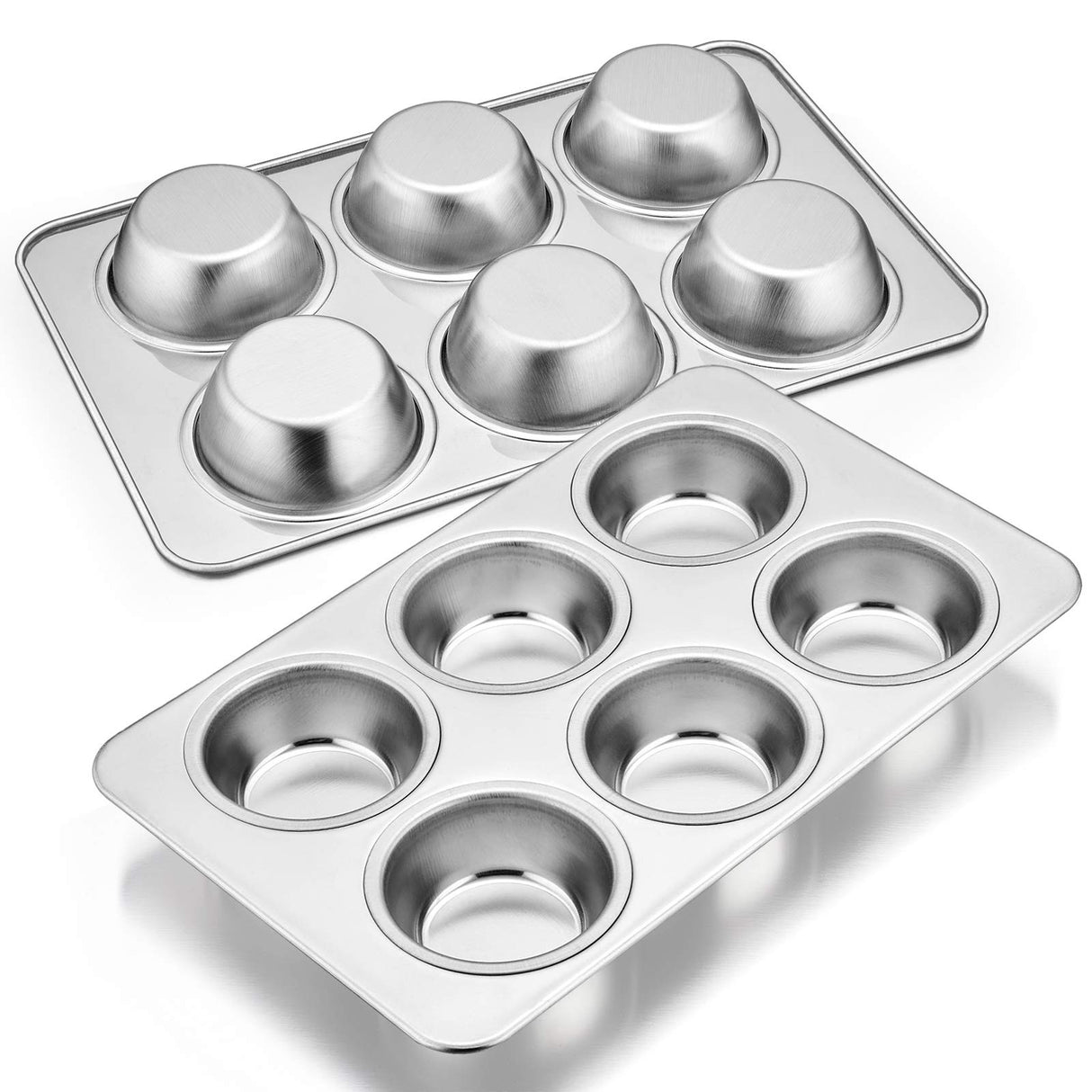 E-far Muffin Pan Set of 2, Stainless Steel Muffin Pan Tin for Baking, 6-Cup Metal Cupcake Pan Tray, Non-toxic & Healthy, Oven & Dishwasher Safe, Regular Size - 11.44 x 7.12 x 1.25 inch E-far