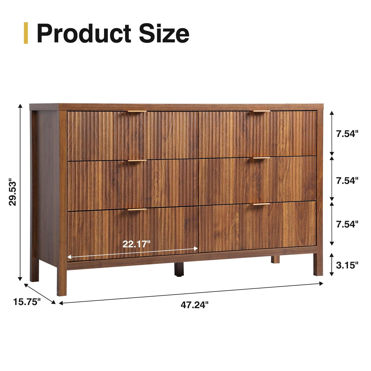 XUZENEST Fluted 6 Drawer Double Dresser for Bedroom, 47" Wide Modern Closet Dressers Chest of Drawers, Wood Storage Dresser Organizer for Nursery Bedroom Living Room Hallway Closet, Walnut XUZENEST