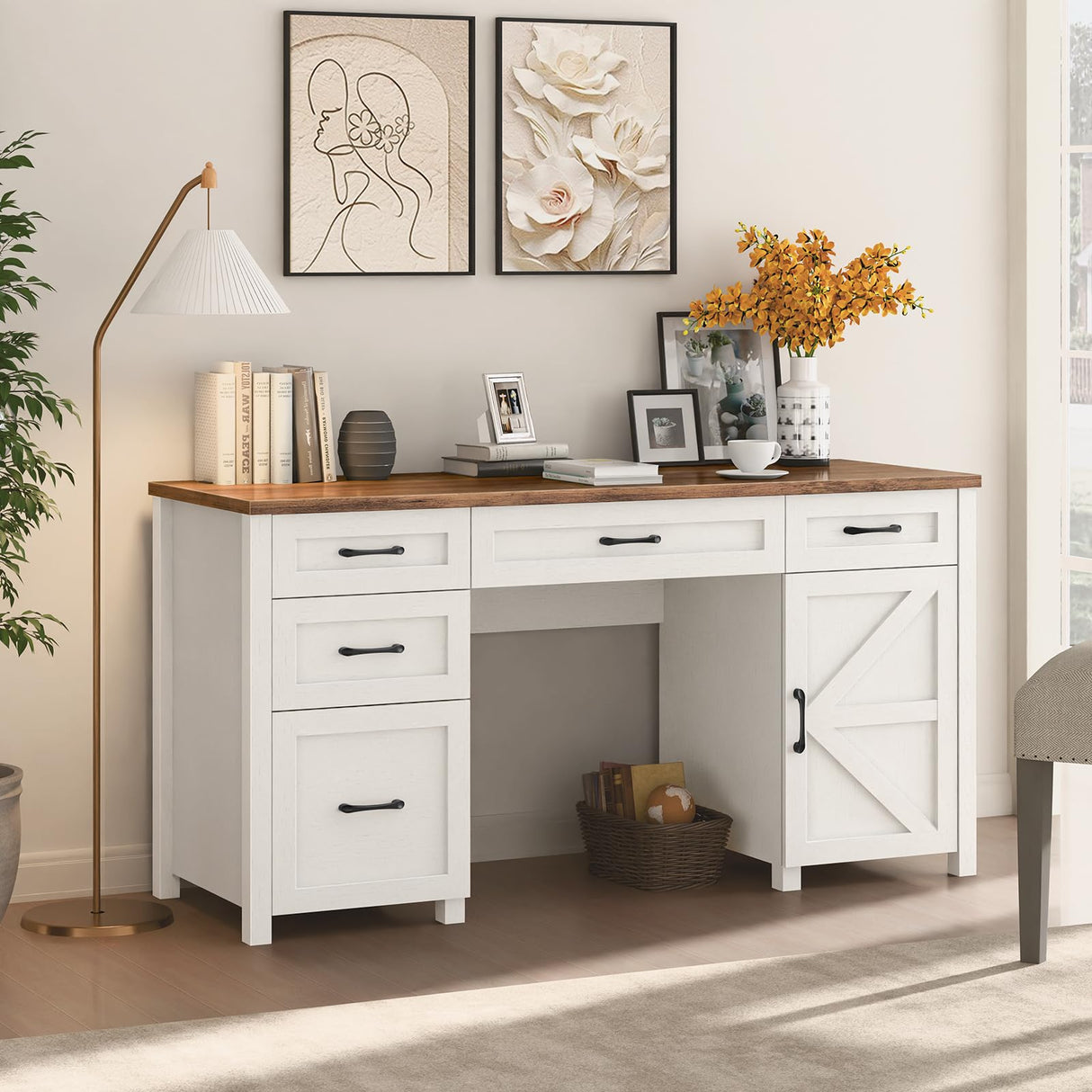 Farmhouse 61'' Executive Desk with 5 Drawers, Rustic Office Desk Computer Desk with Charging Station, File Drawers and Storage Cabinet, Wood Workstation for Home Office and Study, Unique White Halitaa