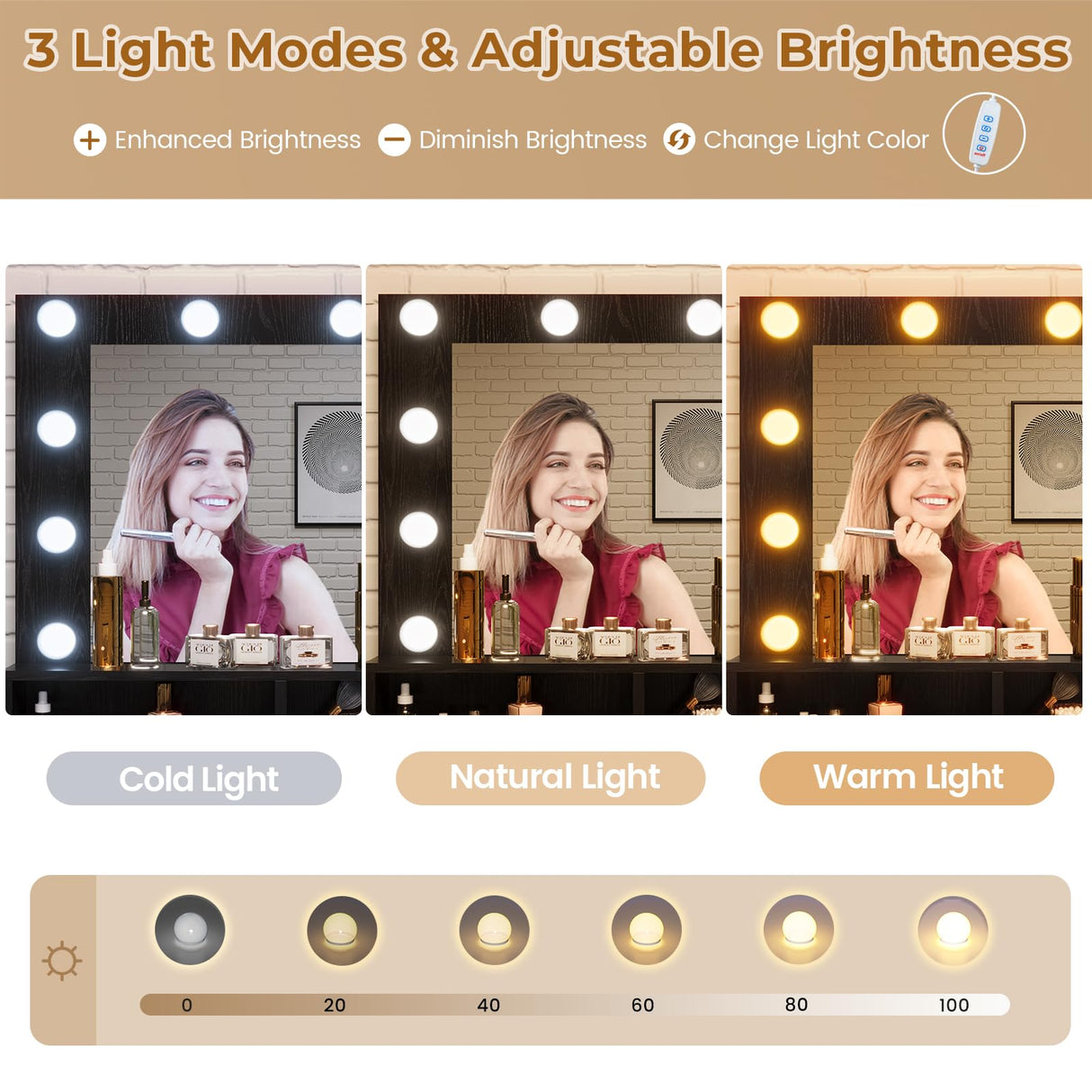 Tiptiper Makeup Vanity with Lights, Black Vanity Desk with Mirror & 3 Lighting Modes, Vanity Table with USB Ports and Outlets, Makeup Table with Nightstand & Storage Shelves & Drawers (Modern Black) Tiptiper