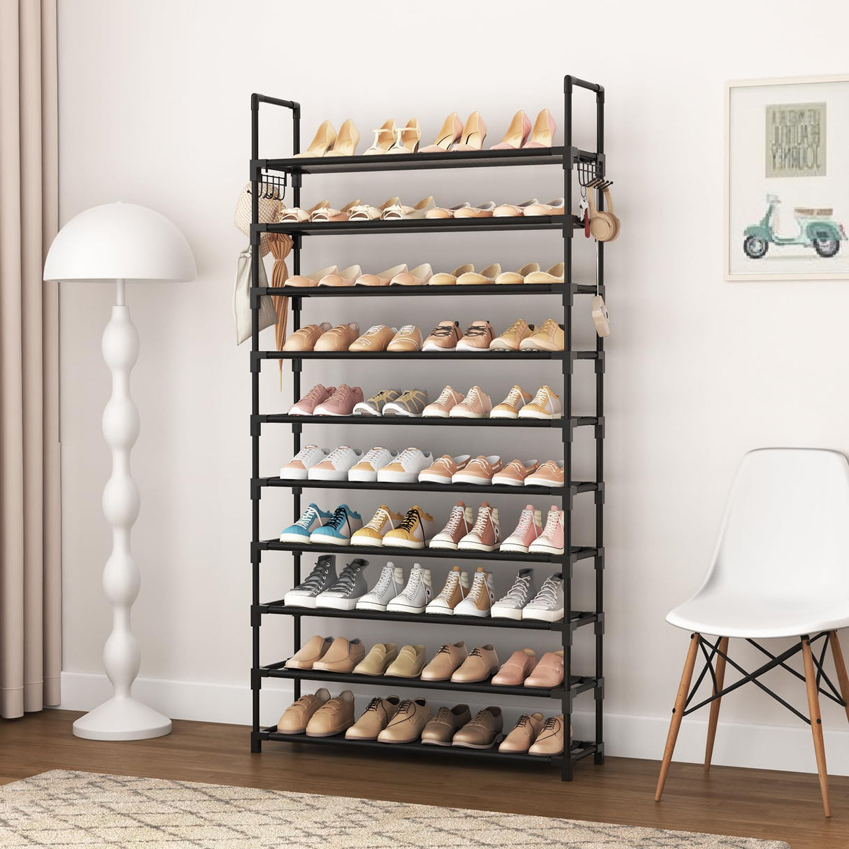 VTRIN 10 Tiers Shoe Rack Tall Large Capacity 50 Pairs Wide Shoe Organizer Sturdy Shoe Shelf for Entryway with Two Hooks Metal Shoe Storage for Closet, Bedroom, Black VTRIN