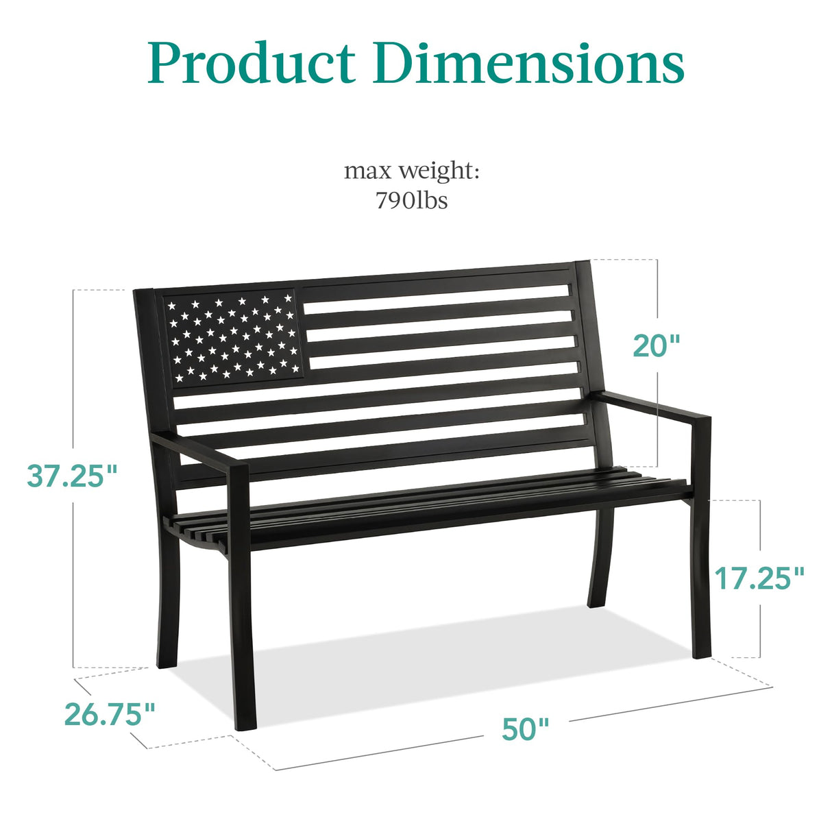 Best Choice Products Outdoor Bench 2-Person Steel Indoor/Outdoor Bench for Garden, Patio, Porch, Entryway w/American Flag, 790lb Capacity – Black Best Choice Products