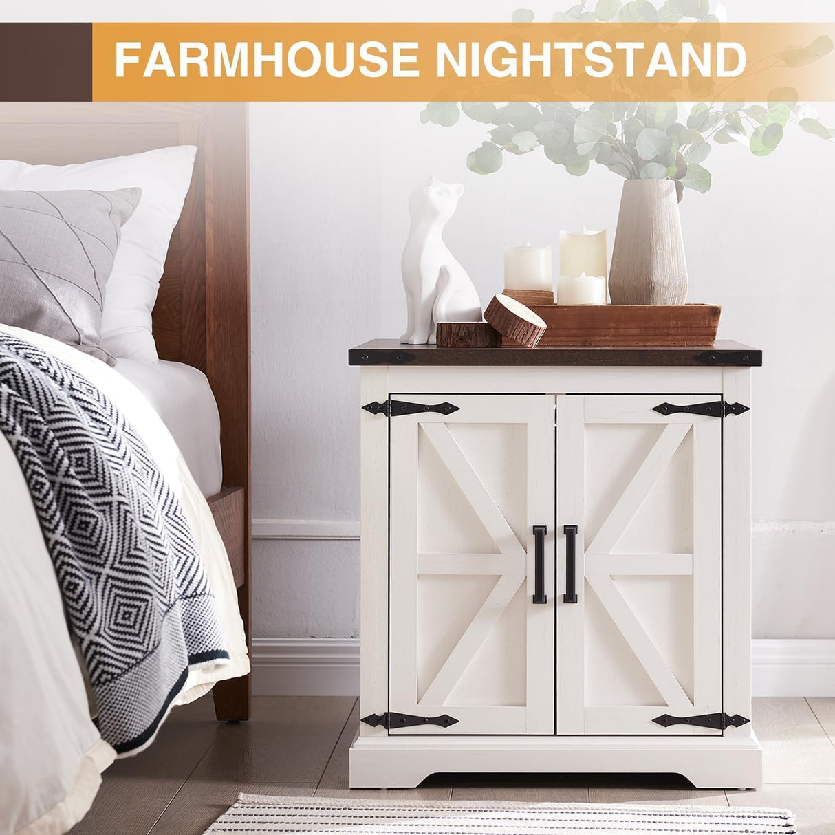 Barnyatoh Farmhouse End Table with Charging Station,24" Large Sofa Side Table with Barn Door, Rustic Wood Square Nightstand Bedside Table with Adjustable Shelf for Living Room, Bedroom,Antique White Barnyatoh