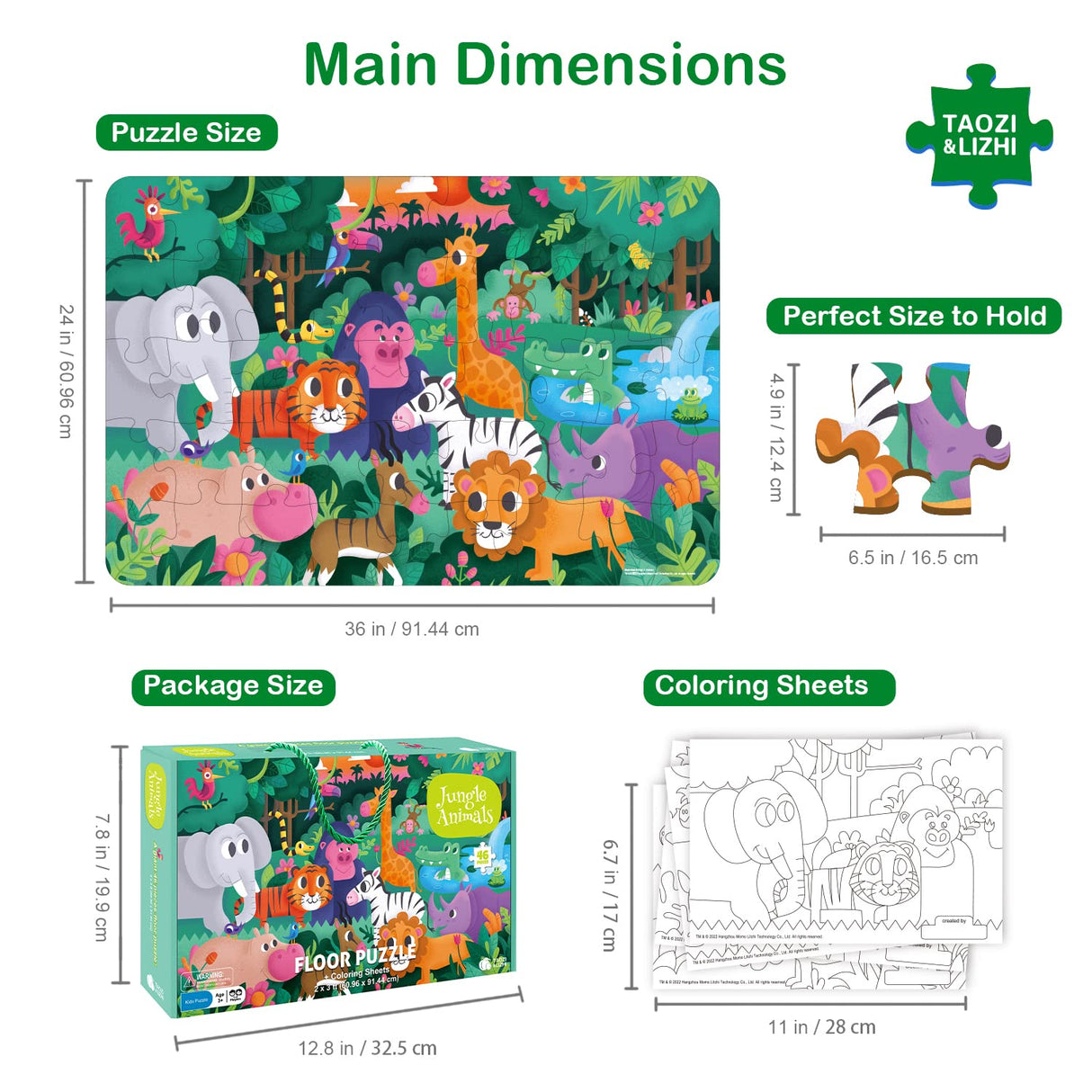 TAOZI&LIZHI Jumbo Jigsaw Puzzles, Jungle Animals, Large Floor Puzzle for Kids Ages 3-5, 4-8, Christmas Toddler Puzzles with Hand-held Gift Box, Preschool Learning & Education Toys(46 pcs, 2 x 3 feet) TAOZI&LIZHI