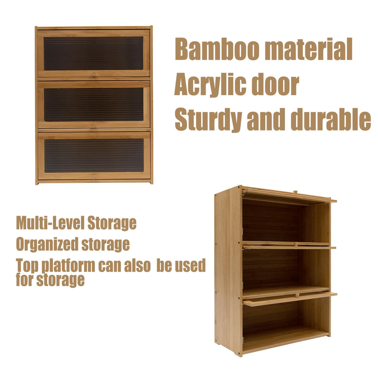 LARIDEN 3 Tiers Bamboo Storage Cabinet for Kitchen Countertop, Freestanding Pantry Cabinet with Flip-Up Door Organizer Shelf for Spice Seasoning Bottles, Plates, Cups Storage Cabinet LARIDEN