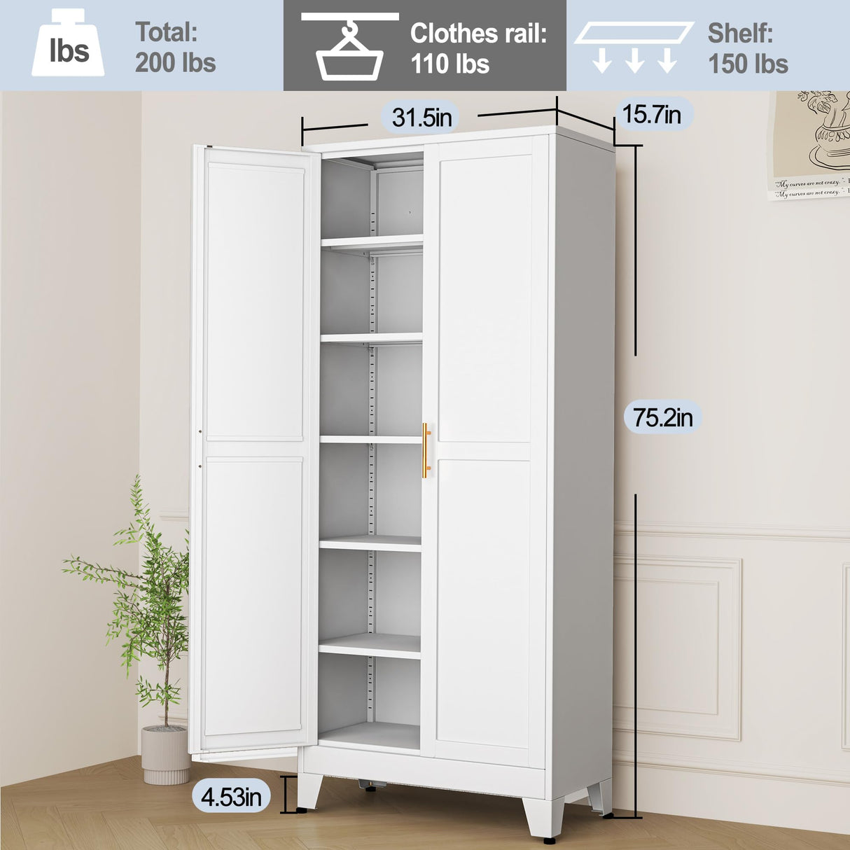 RISTERN White Metal Storage Cabinet,75" Steel File Cabinet for Home Office, Kitchen Pantry Storage Cabinet with Doors and 5 Adjustable Shelves, Tool Cabinet, for Office, Home, Garage, School RISTERN