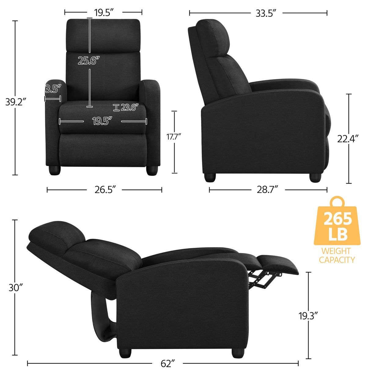 Yaheetech Fabric Recliner Chair Sofa Ergonomic Adjustable Single Sofa with Thicker Seat Cushion Modern Home Theater Seating for Living Room Matte Black Yaheetech