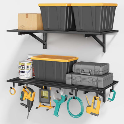 Jusgym 2-Pack 2x4ft Garage Shelving Wall Mounted, 2' x 4' Heavy Duty Garage Storage Shelves with Hooks, 400LB Capacity