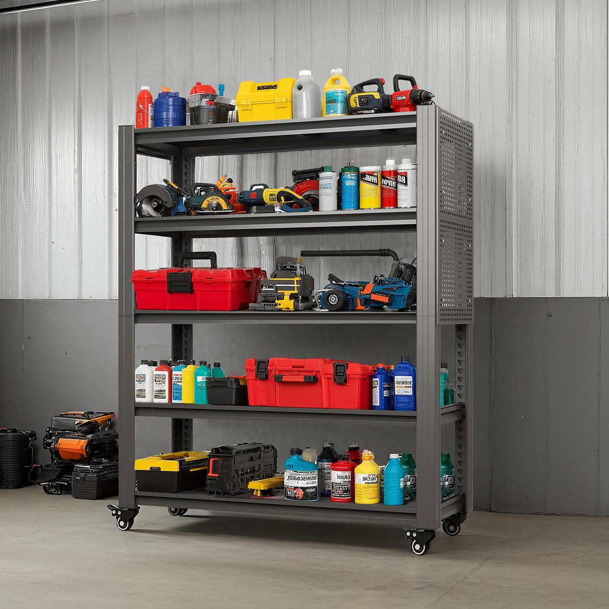 DITOMARRIO 78" H 5-Shelf Metal Storage Shelves, 2000 lbs Garage Shelving Unit with Pegboard, Adjustable Industrial Heavy Duty Storage Rack with Wheels, 47.2" W x 18" D for Pantry Basement, Black DITOMARRIO