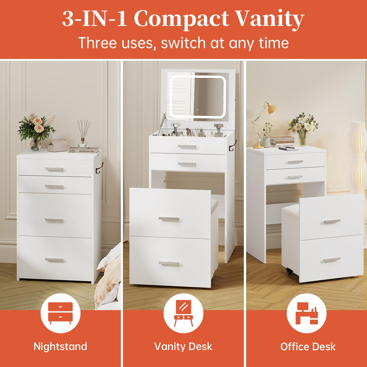 PulseFay Compact Vanity with 3 Drawers, 3 in 1 Vanity Desk, Makeup Desk with Flip-up 3 Colors Lighting Mirror and Cushioned Stool, Small Vanities Nightstand Perfect for Bedroom, White PulseFay