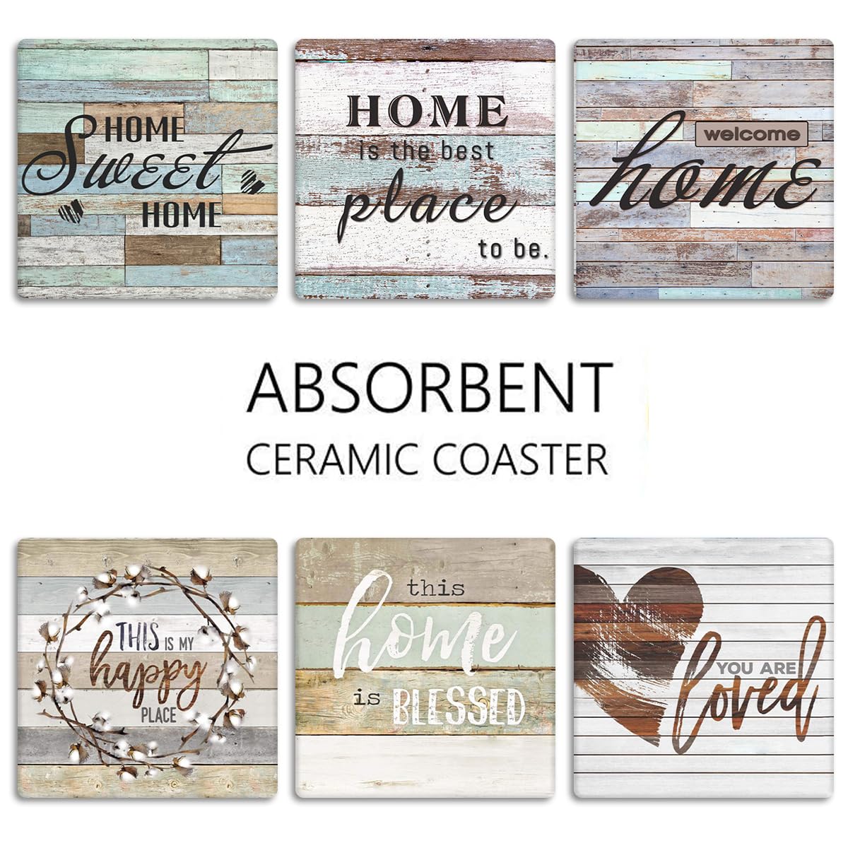 Britimes Coaster for Drinks Set of 6, Worn Wood Absorbent Square Ceramic Stone Mat, with Cork Base and Metal Holder, Gift for Housewarming Room Bar Decor Britimes