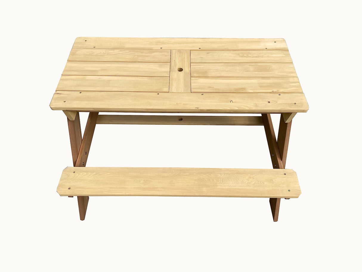 BTExpert Kids 3-in-1 Sand Water Activity Table Wooden Outdoor Convertible Picnic Table Bench Adjustable Umbrella Removable Top 2 Play Boxes Toy Set 37 x 35 in BTEXPERT