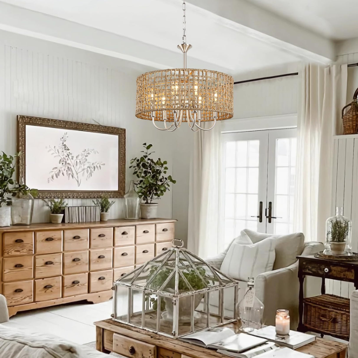 LynPon 17.7" Brushed Nickel Boho Rattan Chandeliers for Dining Room, 6-Light Seagrass Pendant Light Fixtures with Hand Woven Wicker Shade, Farmhouse Drum Chandelier for Living Room Kitchen Hallway LynPon