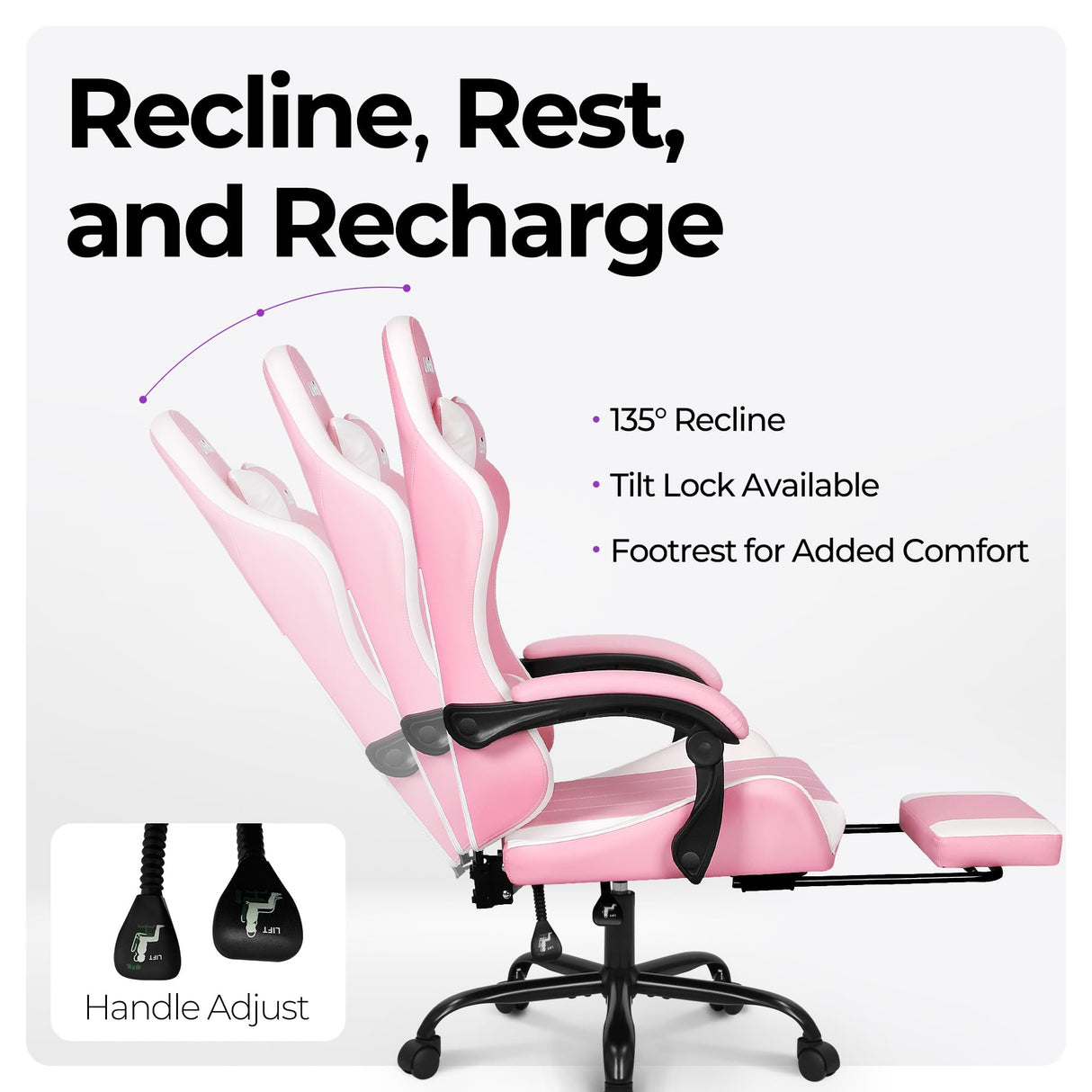 N-GEN Video Gaming Chair with Footrest High Back Ergonomic Comfortable Office Computer Desk with Lumbar Support Height Adjustable with PU Leather Recliner for Adults Women Men (Pink) NEO CHAIR