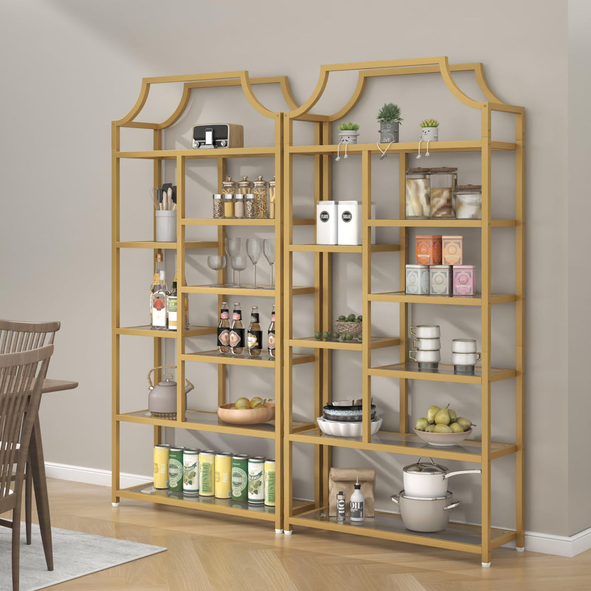 Loomie 8-Open Shelf Bookshelf, 70.87" H x 31.5" L Lux Etagere, Tempered Glass Bookcase, Tall Storage Display Modern Open Book Case for Bedroom, Home Office & Living Room, Gold Finish & Glass Shelving Loomie