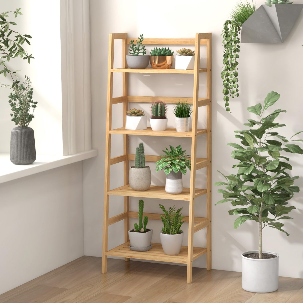 Giantex 4-Tier Bookshelf, 47.5" Bamboo Open Bookcase Book Shelf with Storage, Freestanding Display Shelving Unit Plant Stand, Ladder Shelf for Small Space, Bedroom, Living Room, Home Office, Natural Giantex